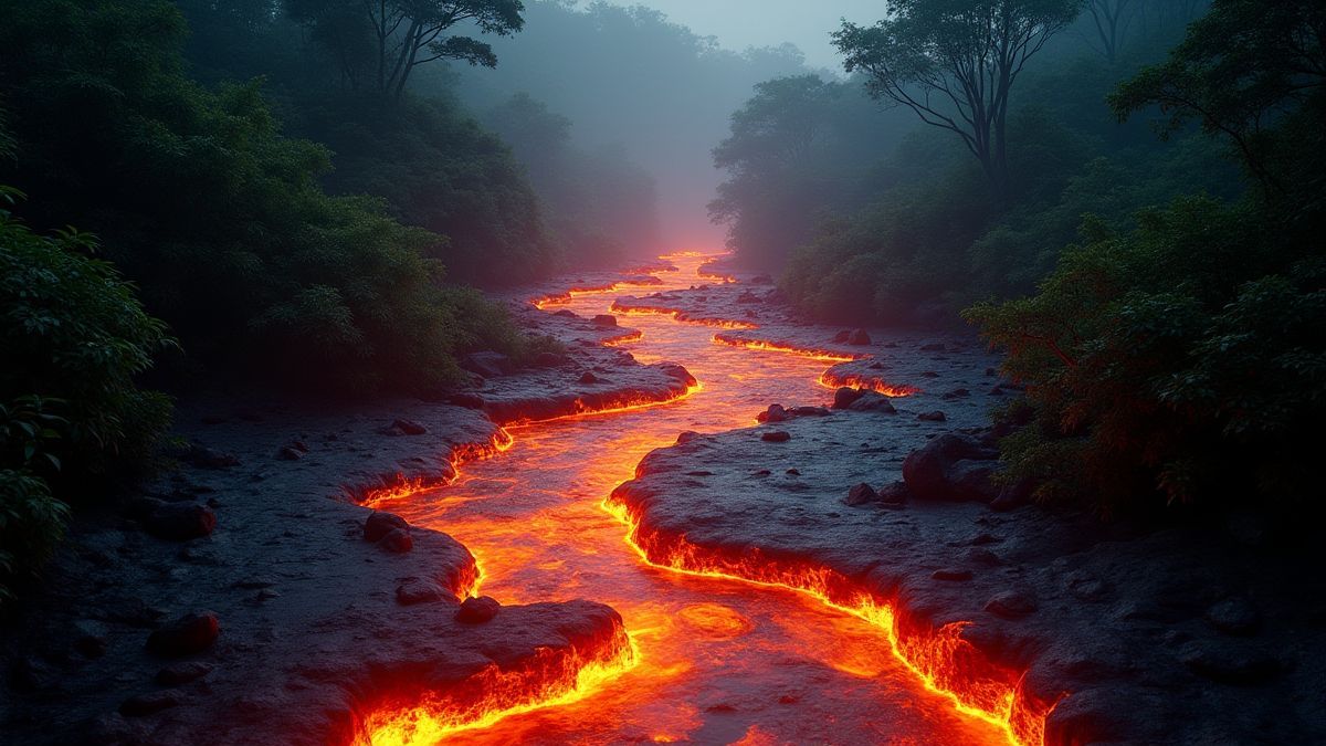 Ein leuchtender Lavafluss, der durch einen dichten Dschungel fließt.