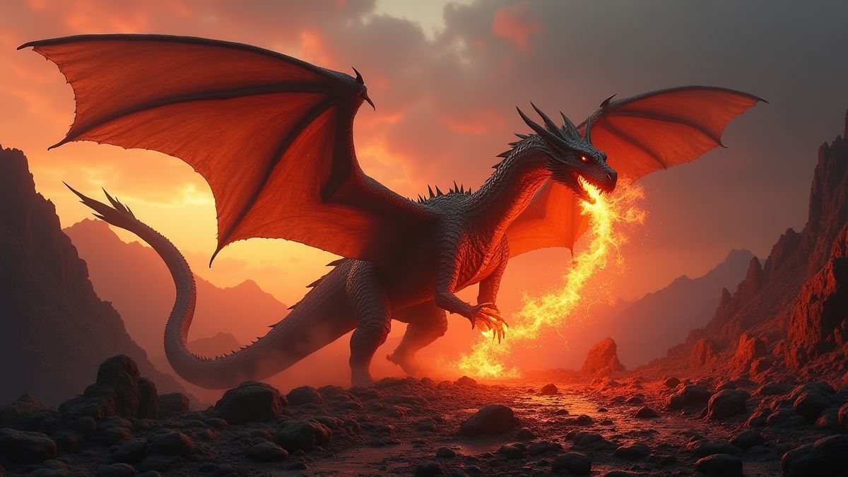 Ein mythologischer Drache, der Feuer in einer vulkanischen Landschaft speit.