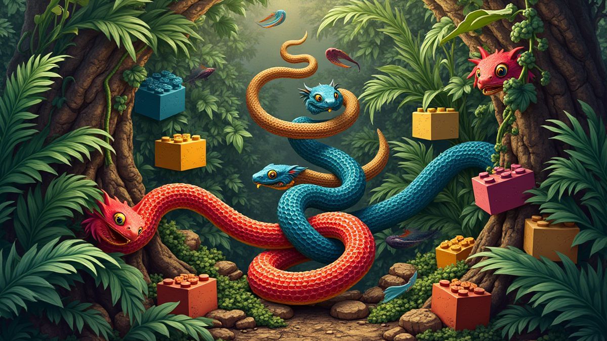 Ladrillos coloridos con serpientes y tesoros en la jungla.