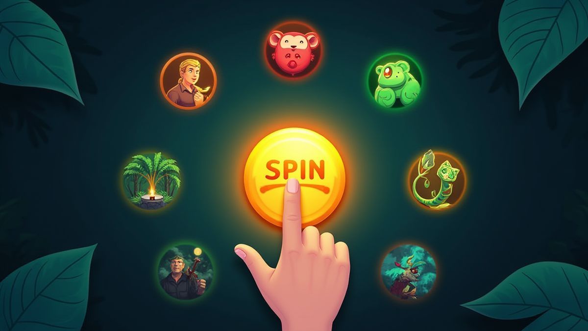 Eine Hand drückt den Spin-Button in einer Dschungelumgebung.