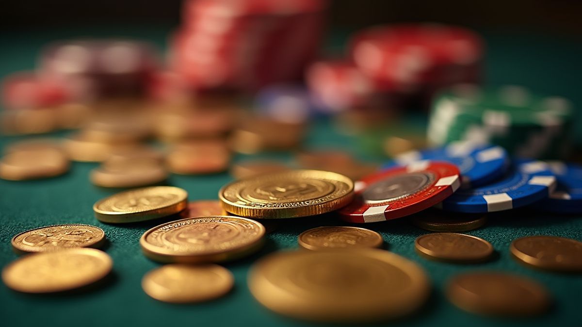 Munten en casinofiches verspreid over een tafel.