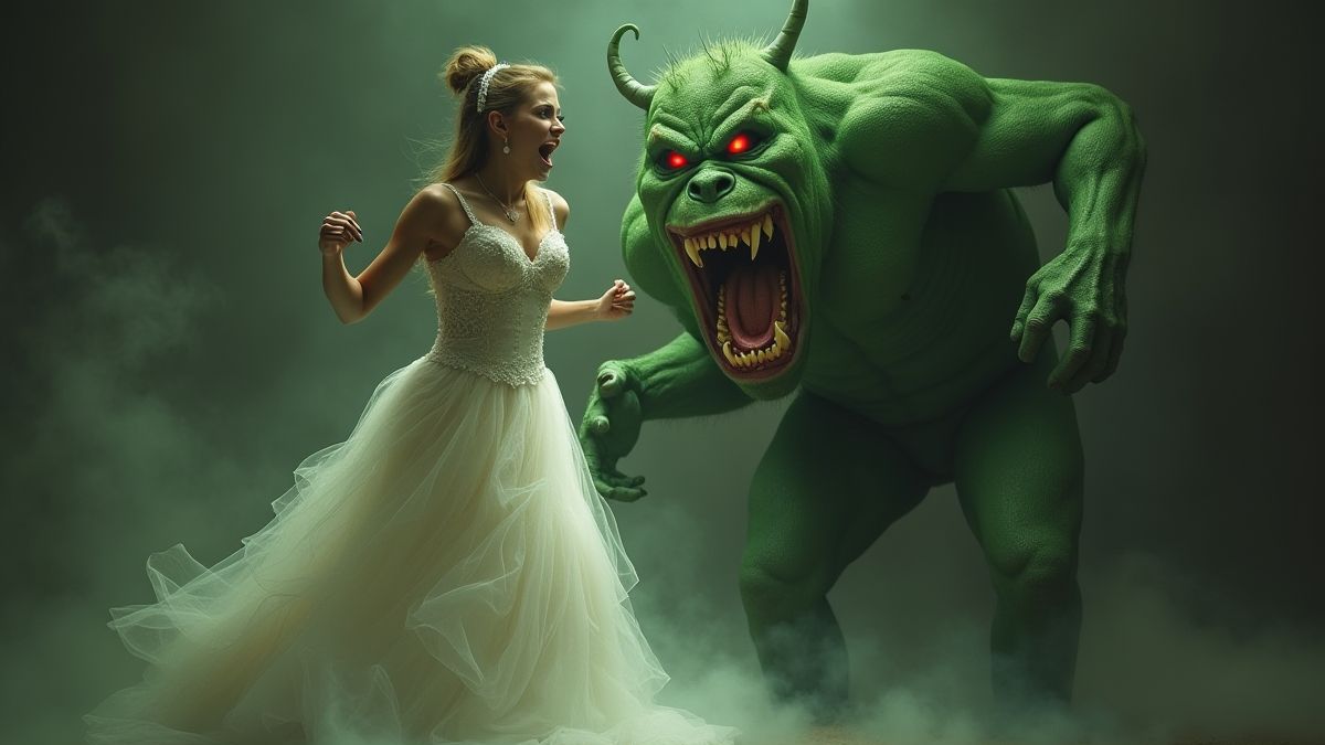 Een boze bruid die verandert in een groen monster.