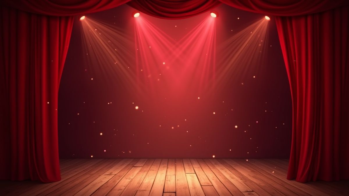 Bright stage with red curtains and illuminated spotlights