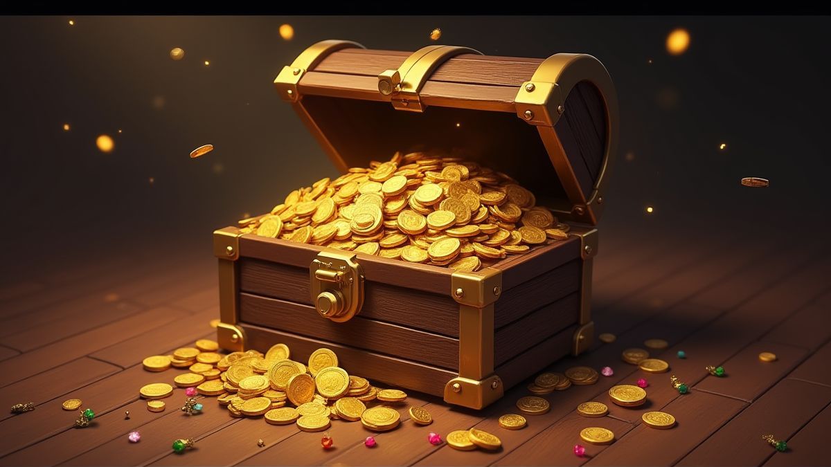 Treasure chest filled with coins and jewels.