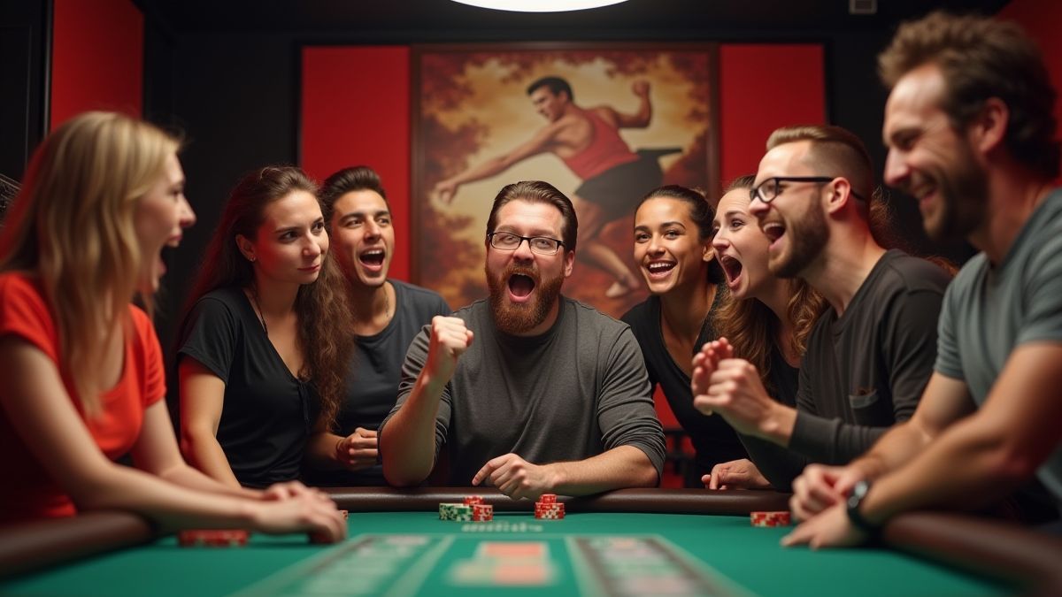 Players cheering in a casino with a martial arts poster.
