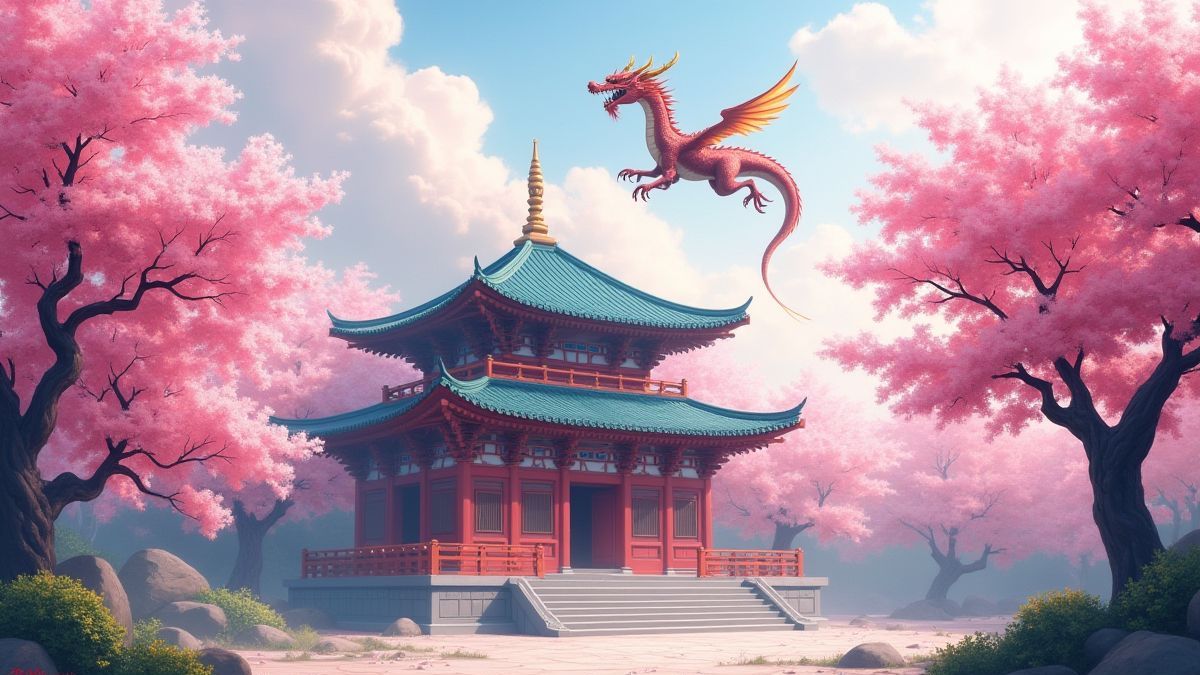 Martial arts temple surrounded by cherry trees and a flying dragon.