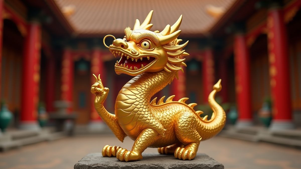 Golden dragon statue in a martial arts temple environment.