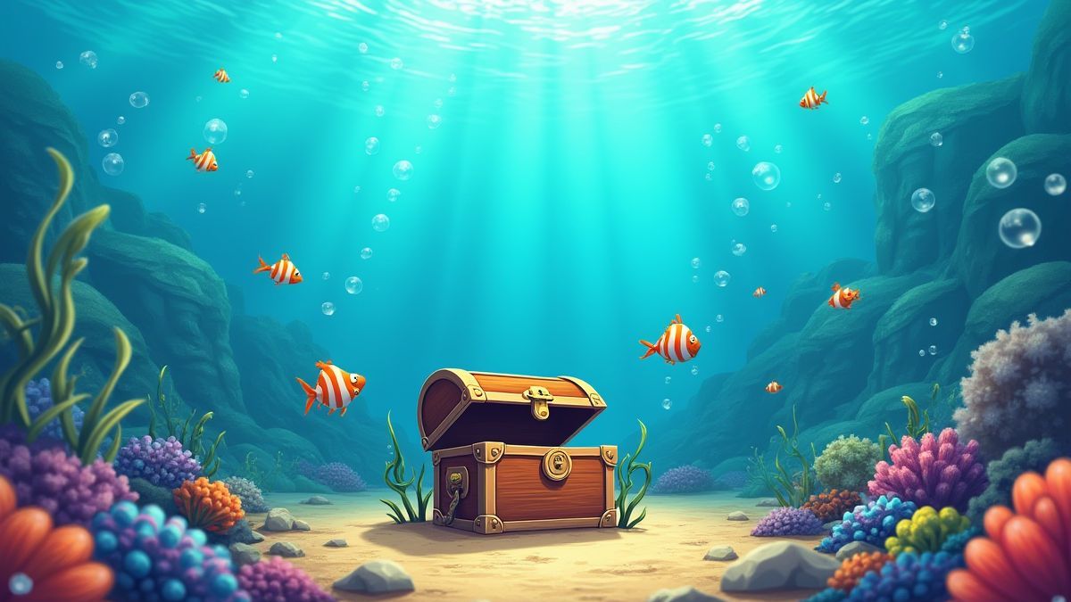 Underwater treasure chests surrounded by bubbles