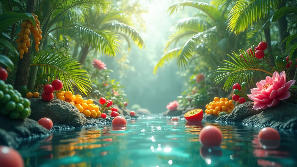 Frutas vibrantes flotando en un jardín tropical.