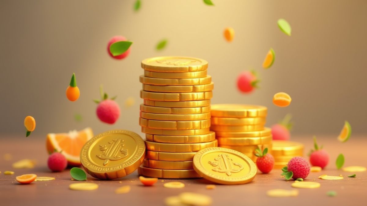 Monedas doradas rodeadas de frutas coloridas.