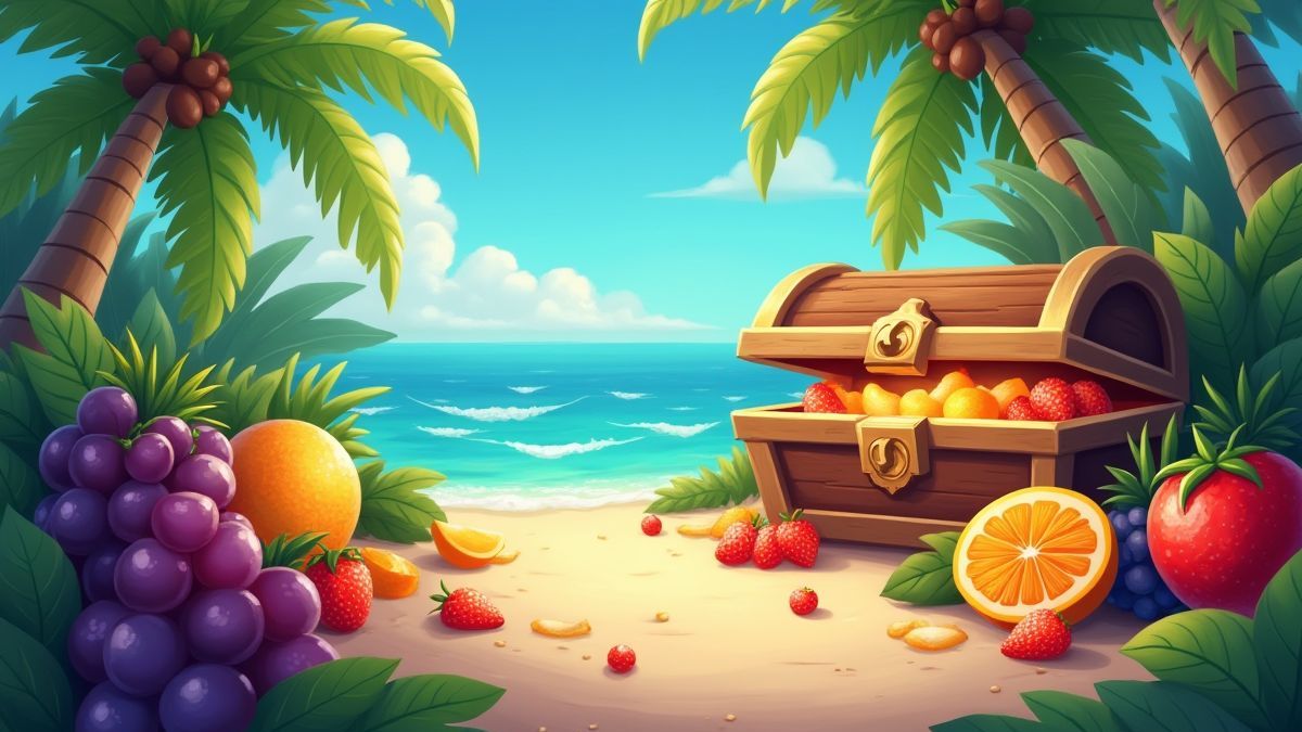 Un paraíso alegre con frutas coloridas y un cofre del tesoro resplandeciente.
