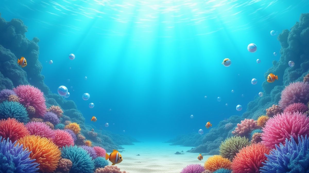 Scène sous-marine avec des récifs colorés et des bulles.