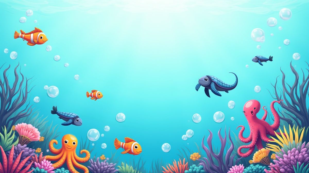 Créatures marines nageant dans un océan rempli de bulles.