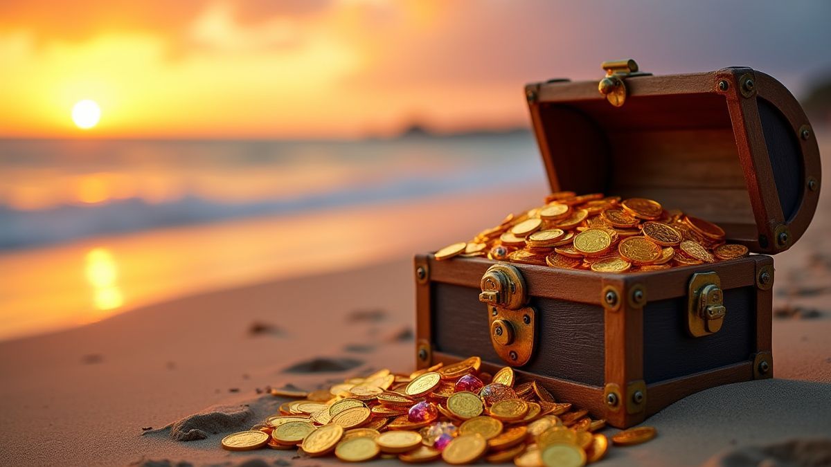 Cofre del tesoro lleno de monedas de oro y joyas en una playa al atardecer.