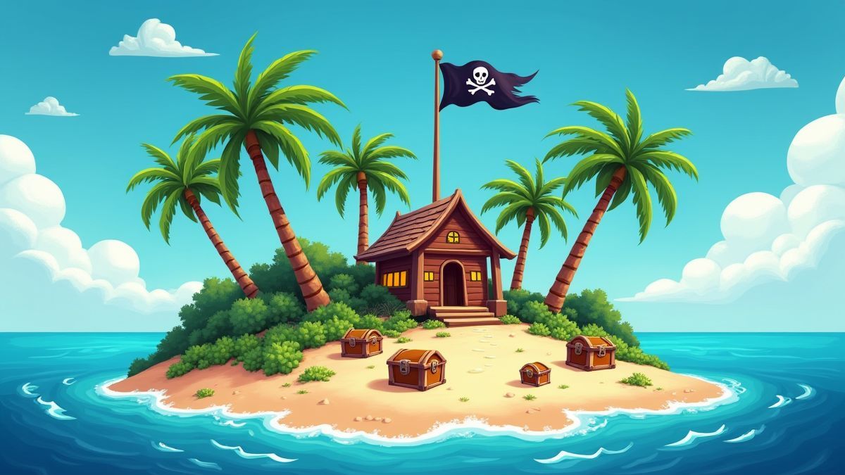 A tropical island with palm trees, treasure chests, and a pirate flag fluttering.