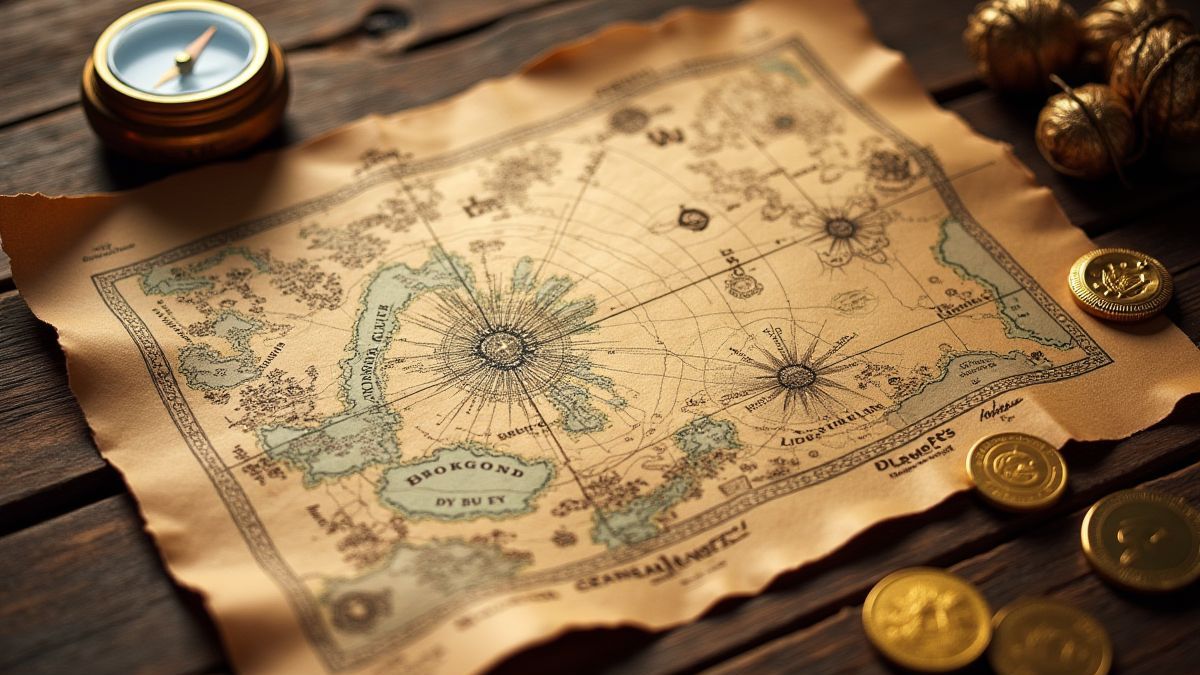 A treasure map spread across a table with gold coins and a compass.