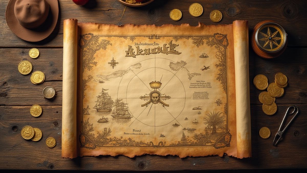 Een piratenkaart uitgespreid op een houten tafel omringd door gouden munten en een kompas.