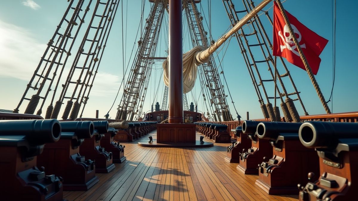 Het dek van een piratenschip met kanonnen en een vlag die in de wind wappert.