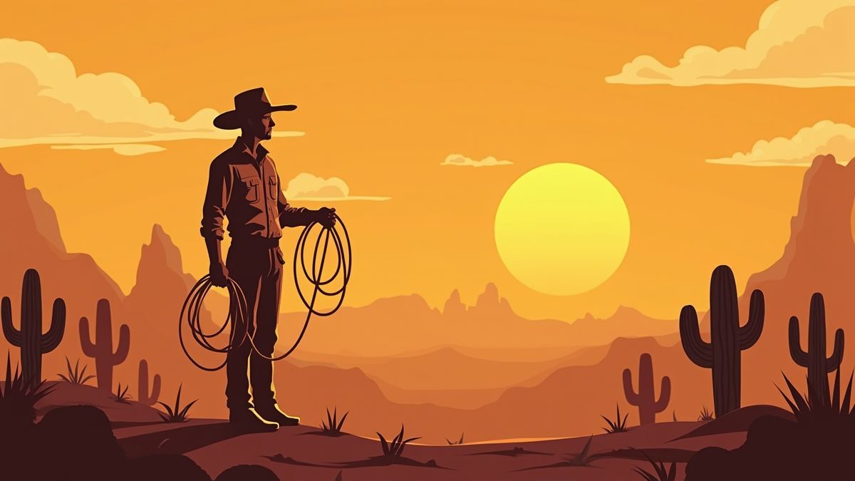 Cowboy mit einem Lasso in einer Wüstenlandschaft bei Sonnenuntergang.