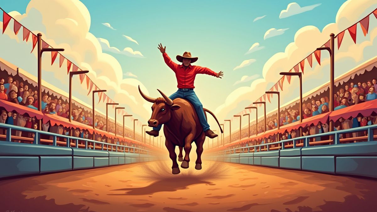 Festliche Rodeo-Szene mit jubelndem Publikum und einem Cowboy, der einen Stier reitet.