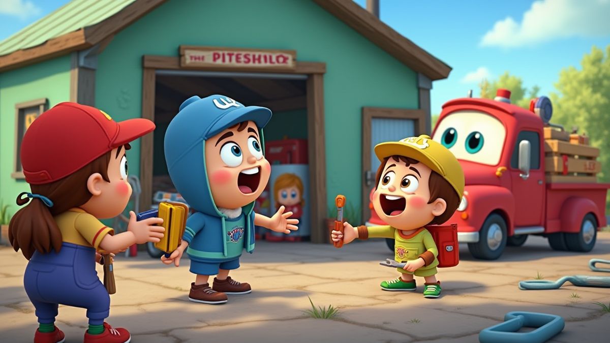 Animated pit stop scene with tools and characters