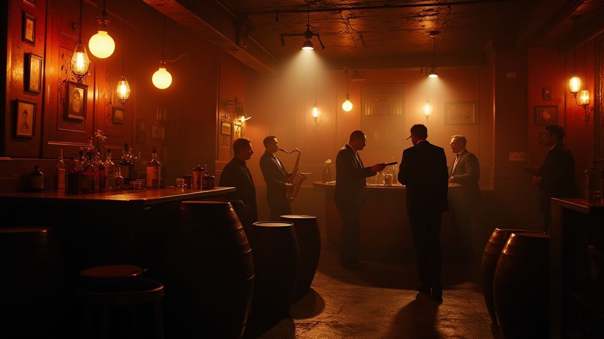 Un bar clandestino con músicos de jazz y barriles de whisky.