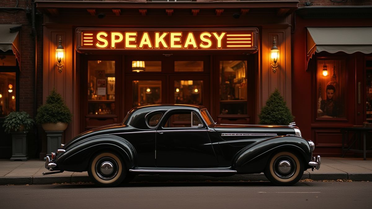 Un coche antiguo frente a un bar clandestino.
