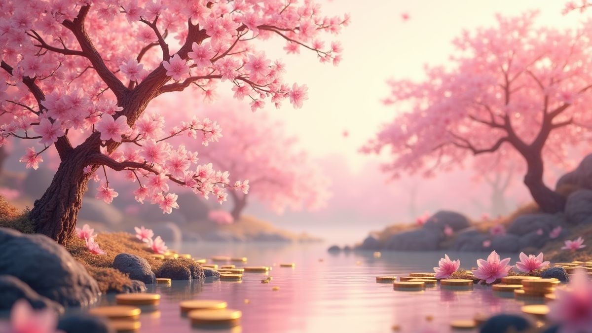 Paisagem asiática com flores de cerejeira e moedas douradas.