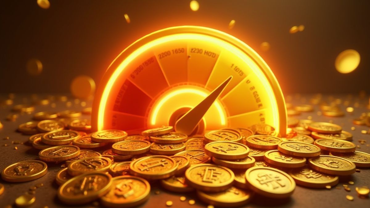 Moedas douradas cobrindo a grade do slot com um medidor brilhante.