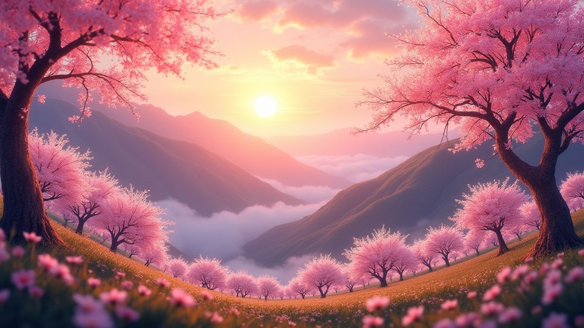 Flores de cerezo cayendo en un tranquilo valle montañoso al atardecer.