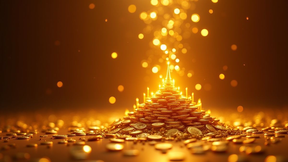 Monedas doradas cayendo sobre un templo budista iluminado.