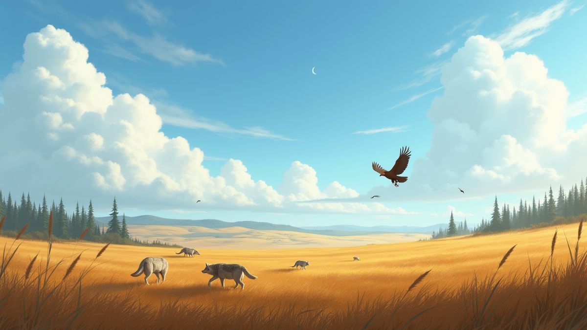 Paisagem animada da pradaria com lobos e águias.