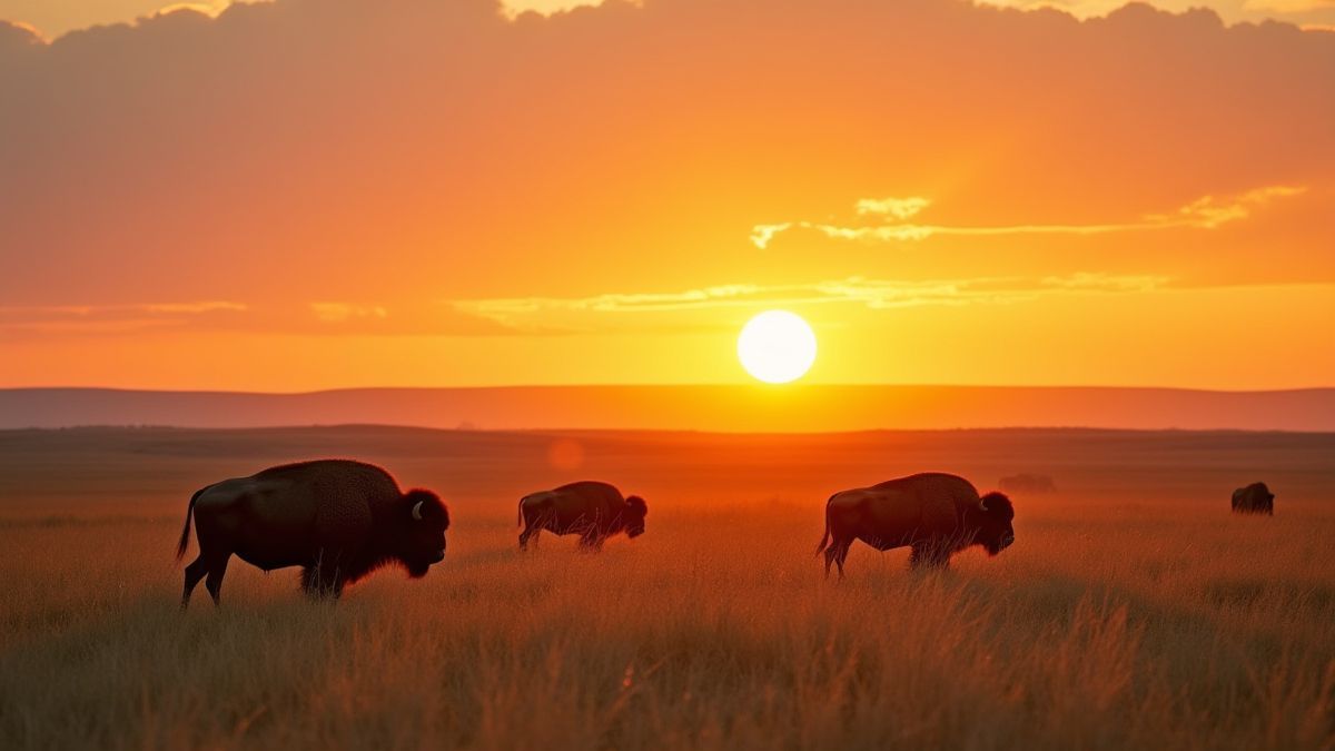 Pradera americana con bisontes al atardecer.