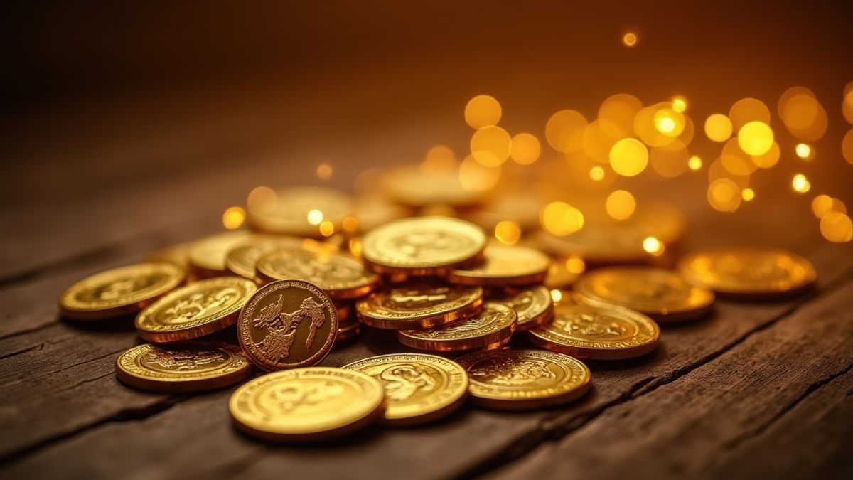 Monedas doradas brillando sobre una mesa de madera.