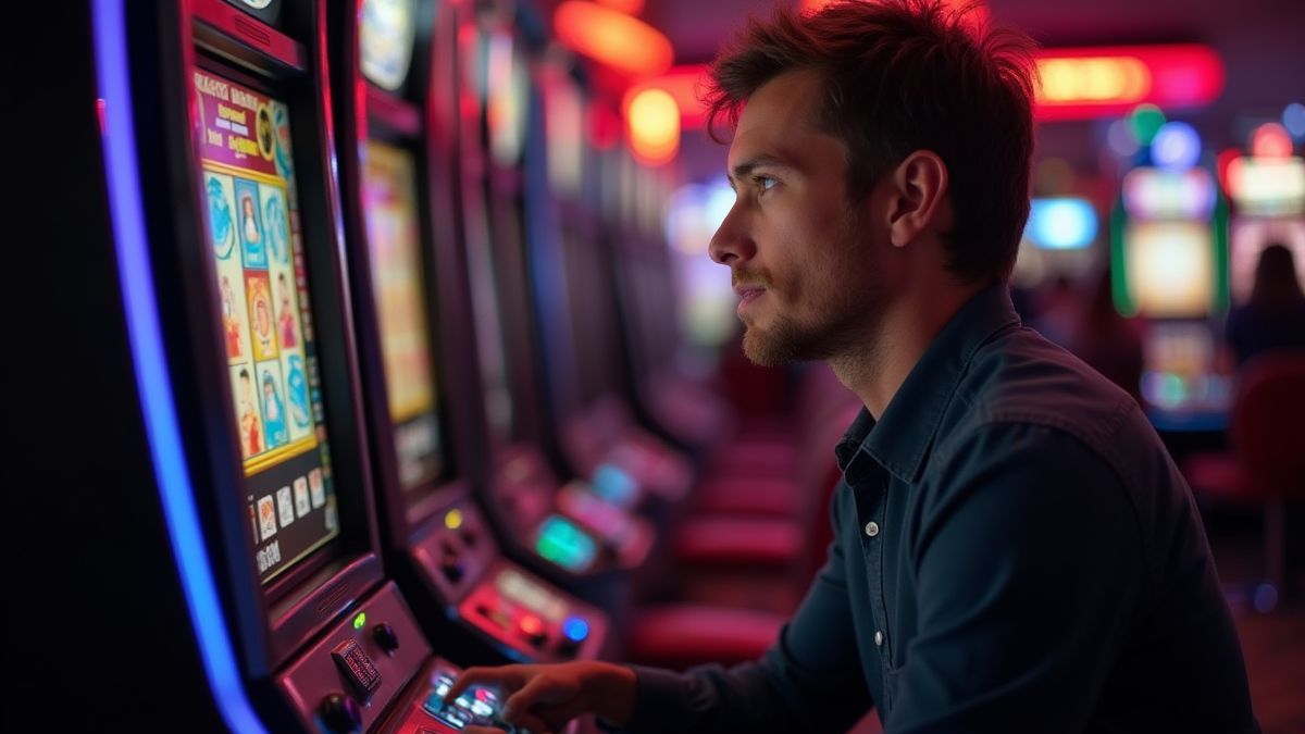 Jugador planificando estrategias frente a una máquina tragamonedas.