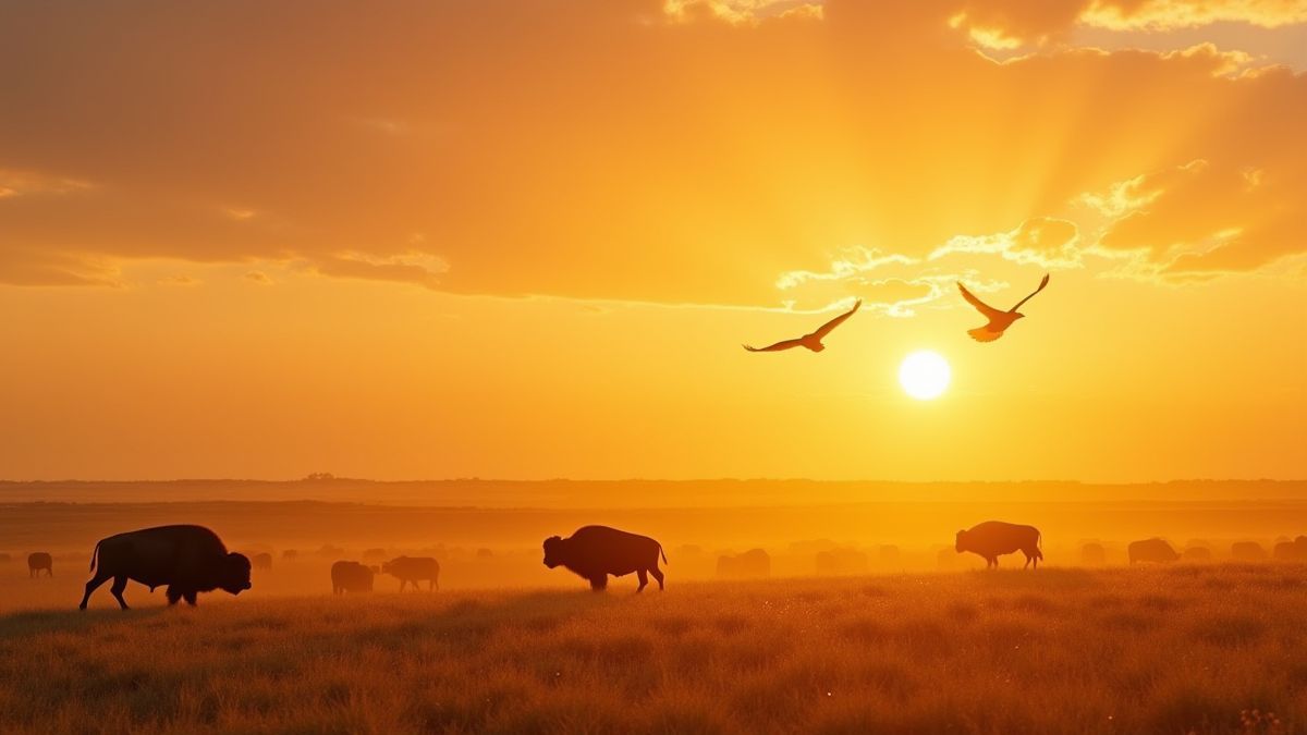 Golden prairie at sunset with eagles flying and buffalos grazing.