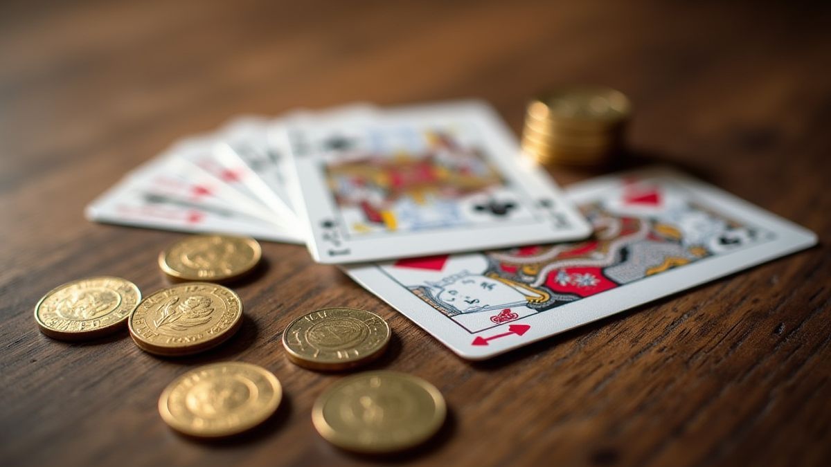 Cards and coins on a wooden table.