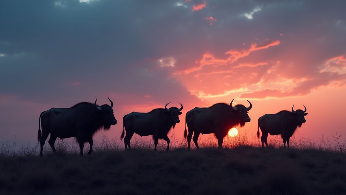 Group of buffalos on a hill under the twilight sky.