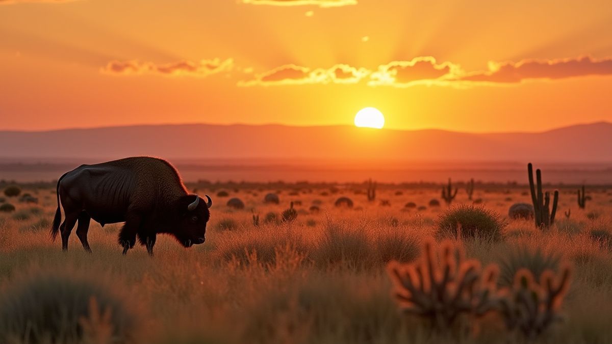 Uma pradaria ao pôr do sol com um búfalo pastando e cactos dispersos.