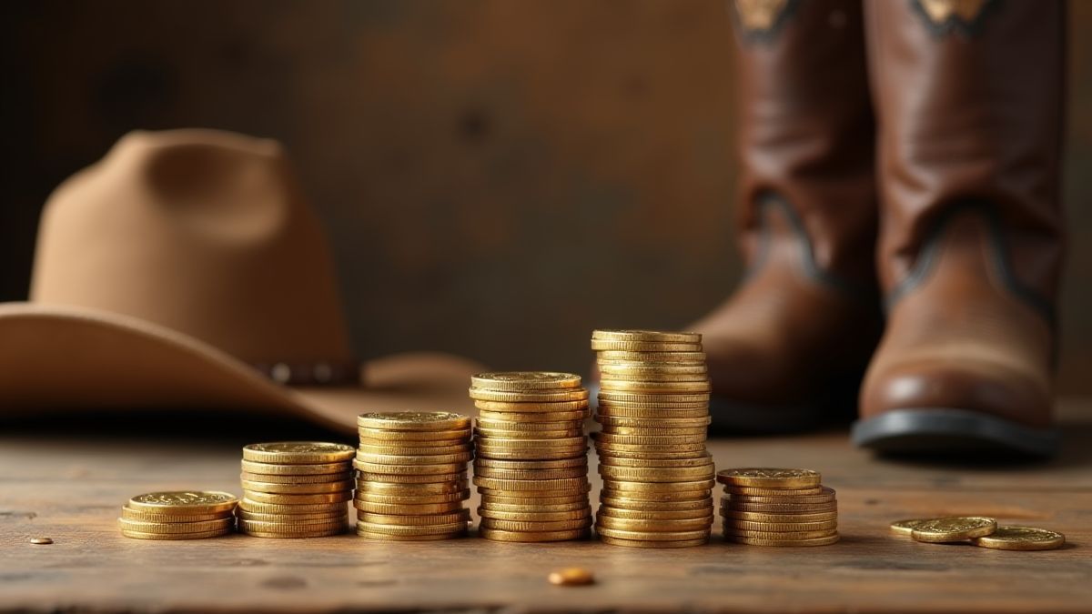 Uma pilha de moedas de ouro sobre uma mesa de madeira junto a objetos do oeste, como um chapéu de cowboy e botas.
