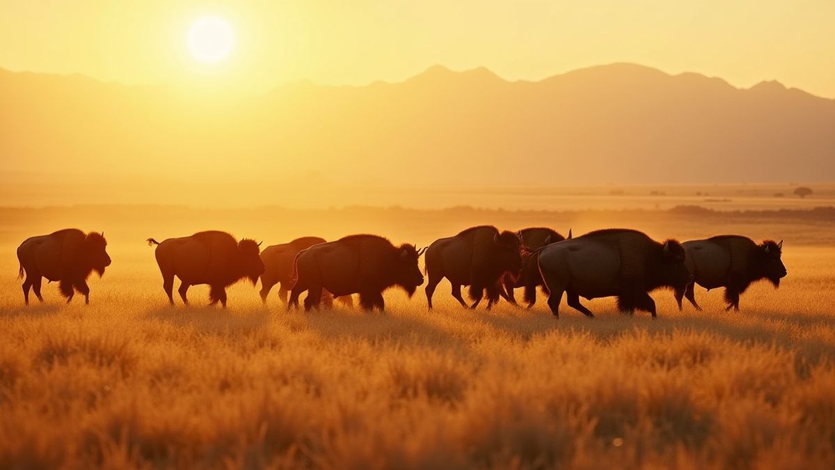 Buffalo running in a golden prairie at sunrise.