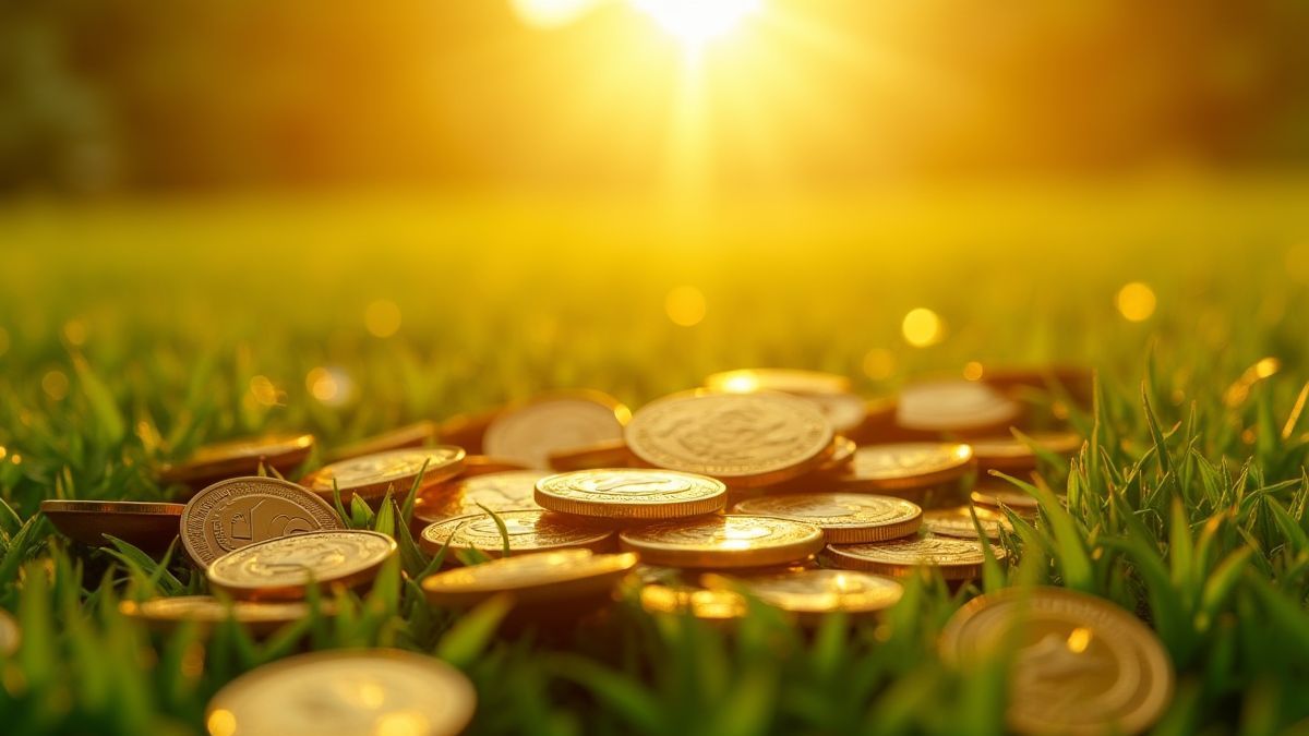 Golden coins shining under the sun in a green prairie.