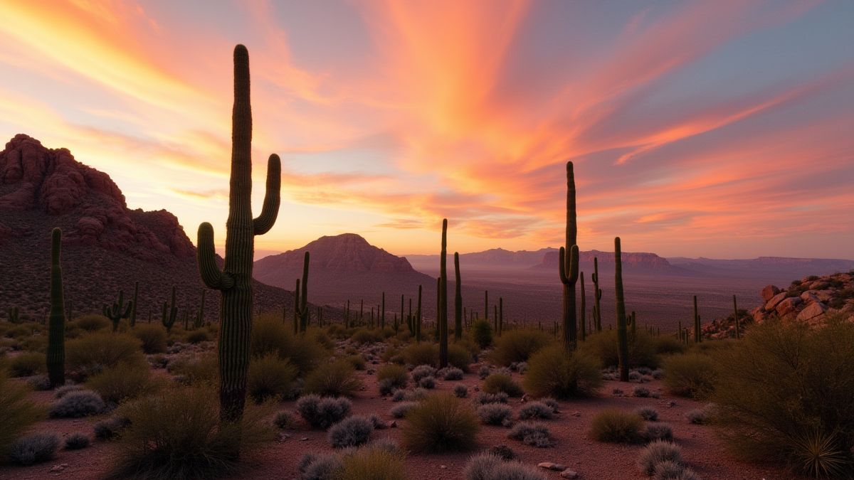 Paysage désertique avec cactus et formations rocheuses au coucher du soleil.