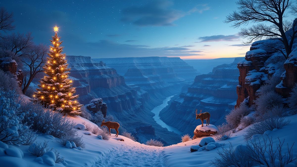 O Gran Canyon nevado decorado com luzes natalinas e fauna selvagem.
