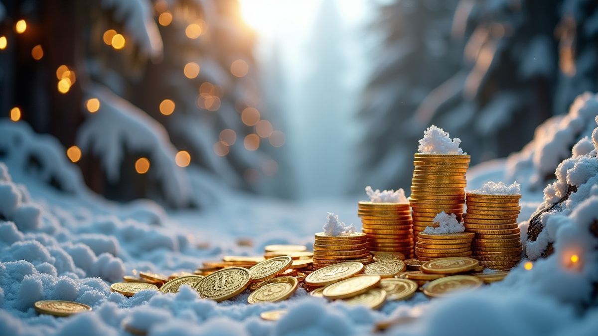 Moedas douradas e decorações natalinas em um canyon nevado.