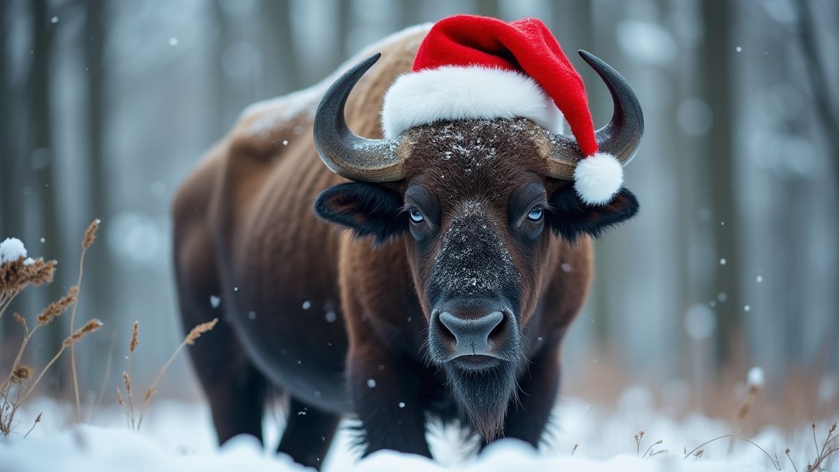 Búfalo com gorro de Papai Noel em uma floresta nevado.