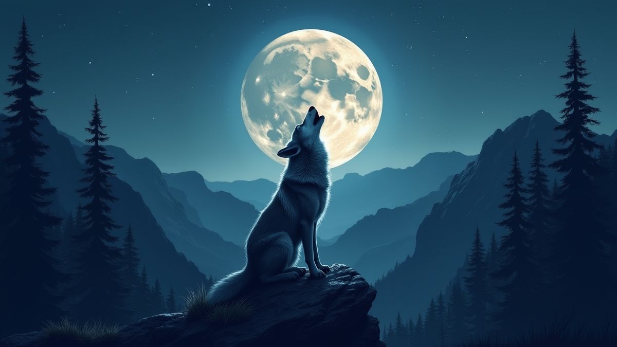 Un loup hurlant à la lune avec le Grand Canyon en arrière-plan.