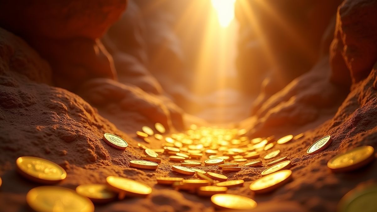 Des pièces dorées brillent sur le sol du Grand Canyon sous le soleil.