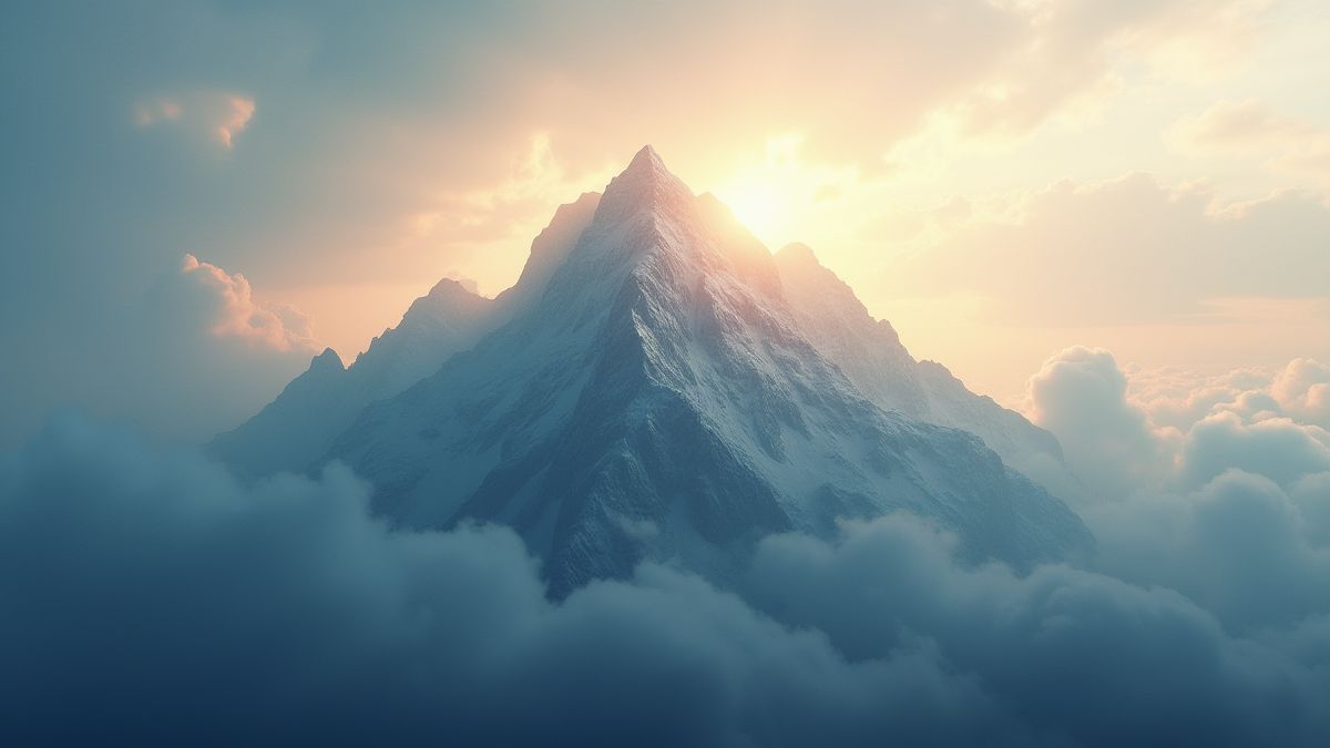 Un sommet montagneux illuminé par les rayons du soleil à travers les nuages.