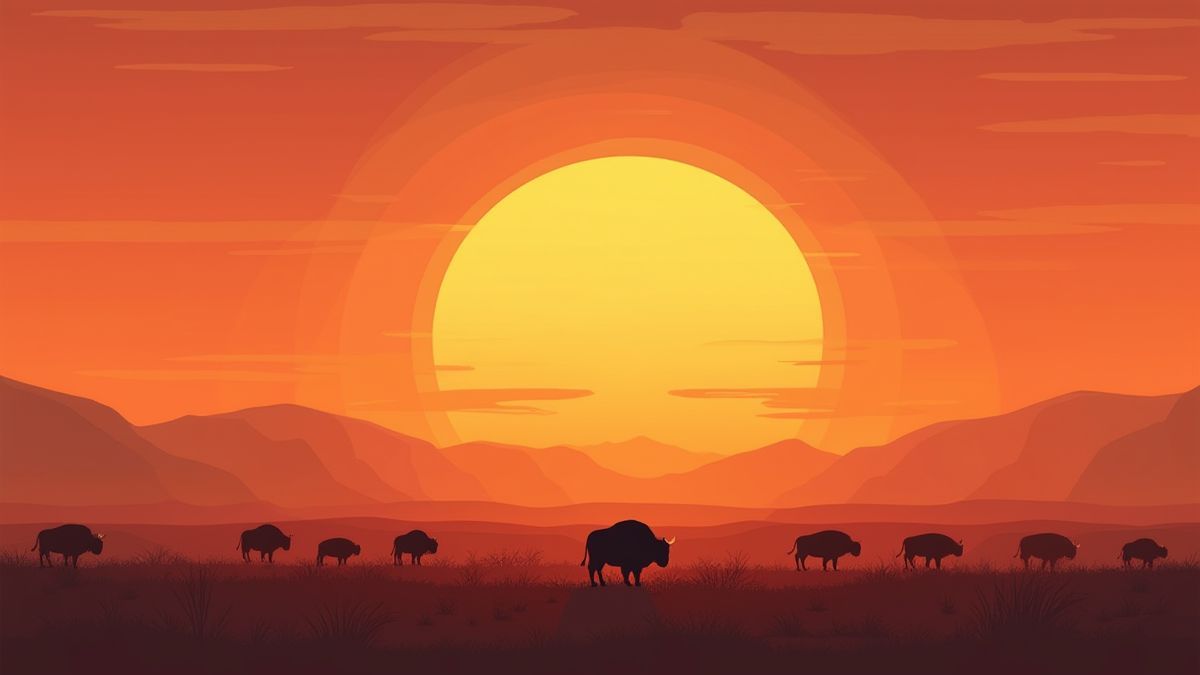 Atardecer en una llanura con búfalos pastando.